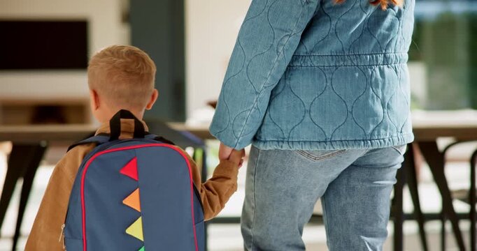 Education, mother and kid holding hands in home for kindergarten start, back to school or growth. First day, mom or child with schoolbag in morning for leaving house, learning development and walking