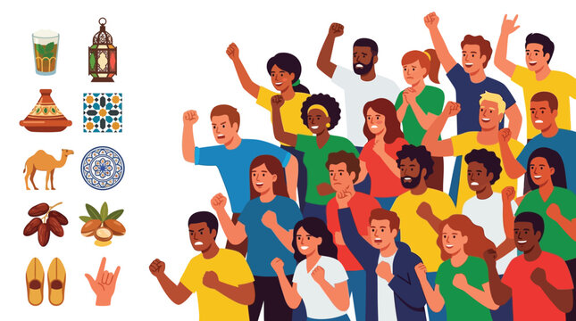 Bold flat vector illustration of a diverse crowd of cheering people next to Moroccan icons like tajine, tea, camel, lantern, and dates on a white background.