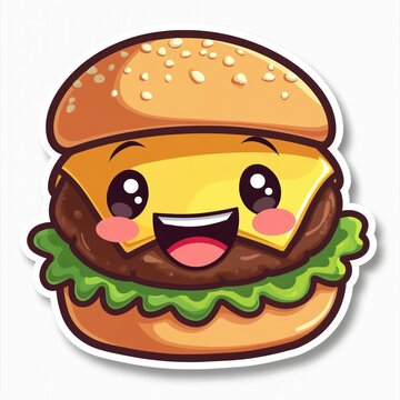 Happy cheeseburger character illustration. Cartoon fast food with smiling face. Cute burger graphic for kids menu or sticker. Delicious meal icon.