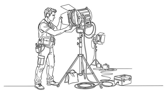 Man adjusting studio lighting equipment.