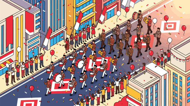 Isometric flat vector illustration of a festive Indonesian Independence Day parade on a city street with musicians in batik playing traditional instruments, flags, and confetti.