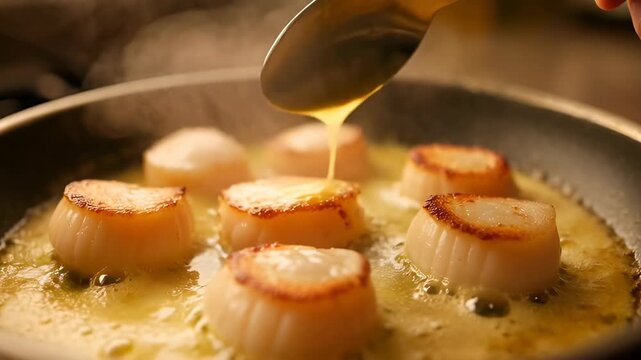 Chef Basting Scallops with Butter in a Hot Frying Pan