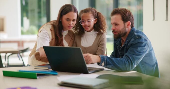 Parents, homework and child on laptop with help for studying, assignment and quiz for elearning. Family, home and girl with mom, dad and computer for education, knowledge and teaching for development