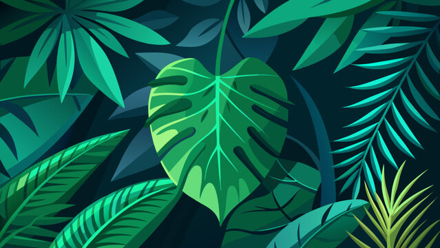 closeup nature view of green leaf and palms background. Flat lay, dark nature concept, tropical leaf
