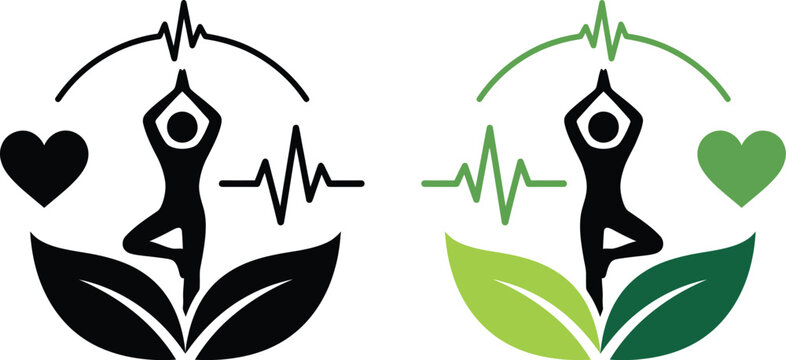 Yoga and wellness logos with heart rate and leaf elements