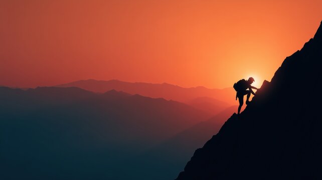 山の斜面を登る登山者のシルエット。夕焼けの空を背景にしたアウトドアや冒険のイメージ素材