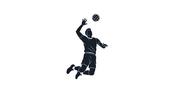 Silhouette of volleyball player spiking ball against white background