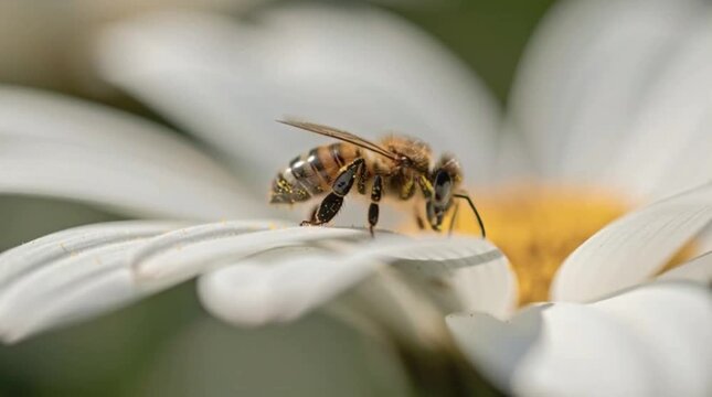 A diligent honeybee gracefully collects golden pollen from the pristine petals of a white daisy, illustrating the vital process of nature's pollination