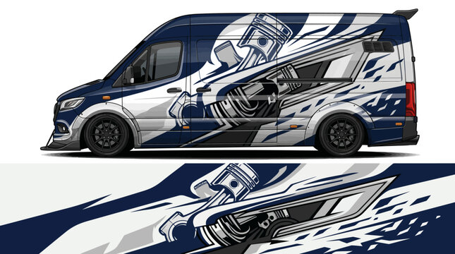 Van with engine graphic design wrap.