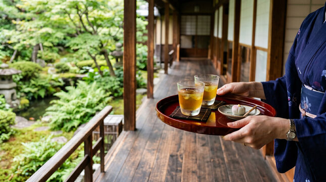 冷茶グラスを載せた漆盆を運ぶ日本らしいおもてなしの夏風景。
背景の緑庭園と木の廊下が上品な旅館空間を演出。
柔らかな自然光と広い余白で静かな高級感を表現。