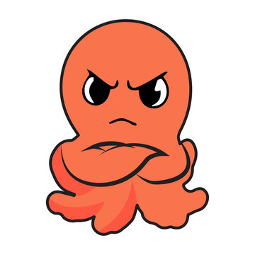 Cute octopus cartoon character with playful expression, simple vector illustration, black outline, colorful flat design, adorable sea animal mascot