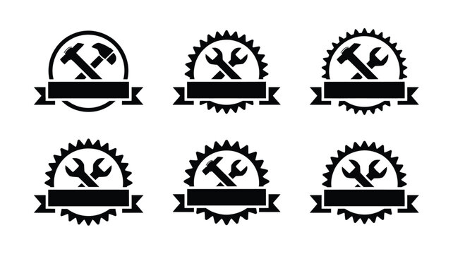 Collection of vintage may day silhouettes with hammers and wrenches on gear badges with ribbons