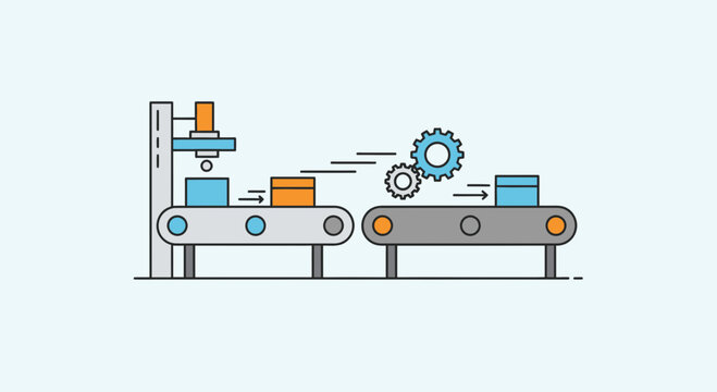 Industrial conveyor belt system processing boxes production line illustration