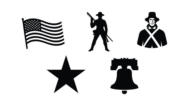 American patriotic symbols bundle with flag star bell soldier and colonial man on white background