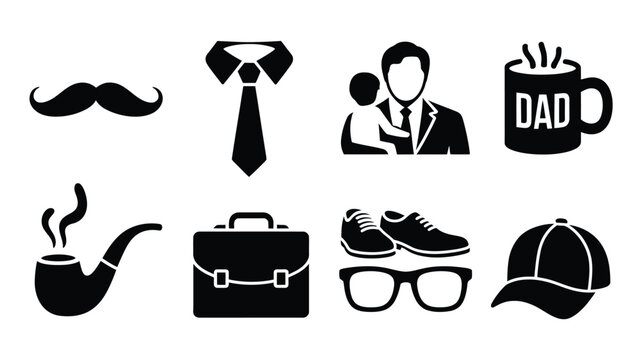Black and white set of father's day icons including mustache tie dad pipe briefcase shoes glasses hat and family