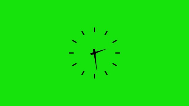 Analog clock face with black hands and markers on a green screen background for easy keying time watch seconds minutes hours time watch seconds minutes hours