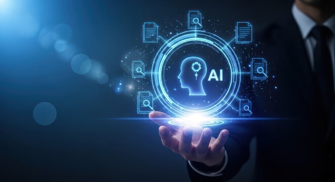 Businessman Holding AI Holographic Interface with Document Icons