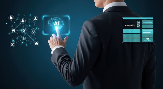Business Executive Interacting with AI Brain Interface in Futuristic Digital Workspace