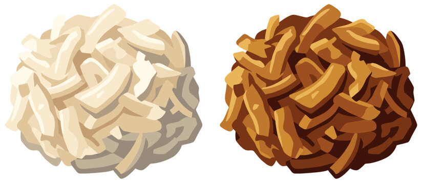 Festa Junina Shredded Coconut Duo: A close-up view showcases two piles of shredded coconut, one pale and creamy white, the other a warm golden brown.