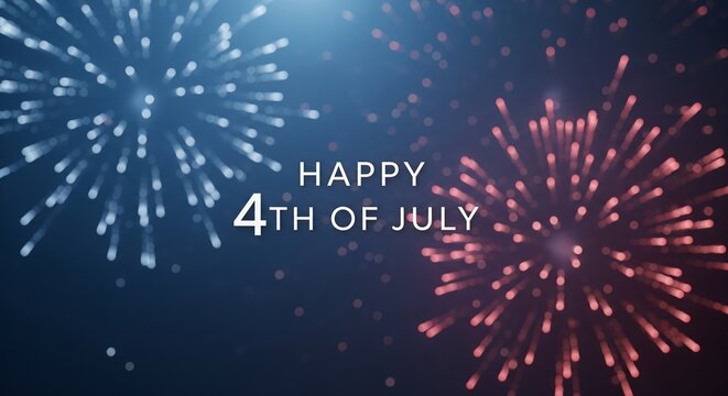 Happy 4th of July text overlay with red and blue fireworks exploding in a dark night sky with bokeh effects, celebrating American Independence Day with festive pyrotechnics and a patriotic theme.