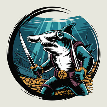 Pirate shark character with swords underwater.