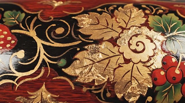 Traditional Russian Folk Art Decorative Painting with Strawberries and Leaves.