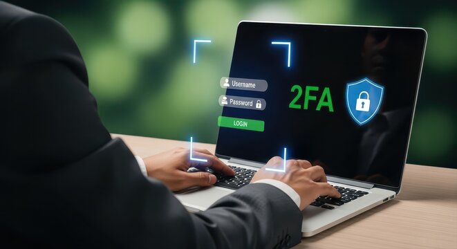 Business Professional Securing Access with 2FA on Laptop Login Screen