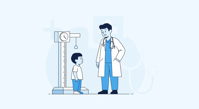 Doctor measuring height of young boy in clinic, pediatrics, health checkup illustration