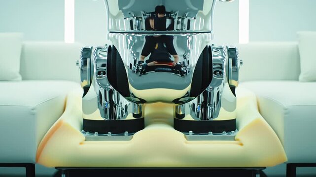 Metallic robotic testing machine repeatedly pressing down on a yellow foam block simulating human sitting to test durability and quality of furniture materials in a modern laboratory