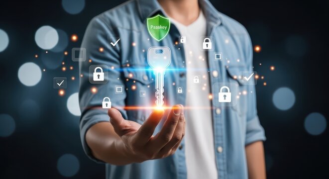 Hand Holding Digital Passkey with Security Icons and Glowing Key Technology
