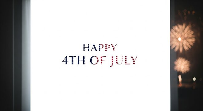 Happy 4th of July text with American flag pattern overlayed on white background with bokeh fireworks display on the right side and dark vertical frame on the left edge, celebrating Independence Day.