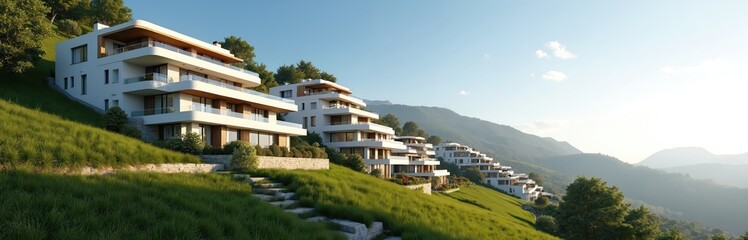 Fototapeta premium Modern white apartment complex cascading down green hillside under clear blue sky. Buildings feature balconies, large windows, contemporary design with natural wood accents, offering stunning