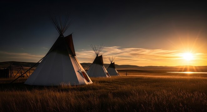 Native American teepees stand in a serene grassy field at sunset