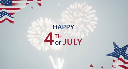 Obraz premium Happy 4th of July greeting with American flags and fireworks celebration on a light gray background with copy space for text and design elements.
