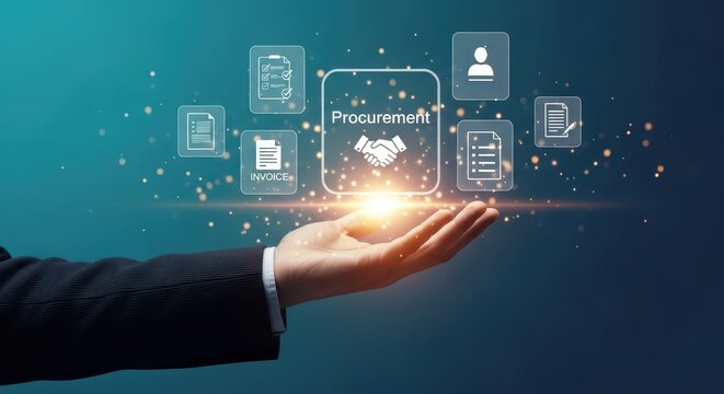 Hand holding procurement digital icons in corporate business concept
