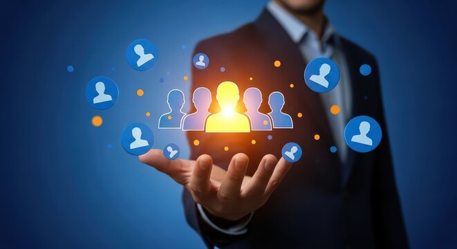Business professional holding glowing team icons representing leadership and networking