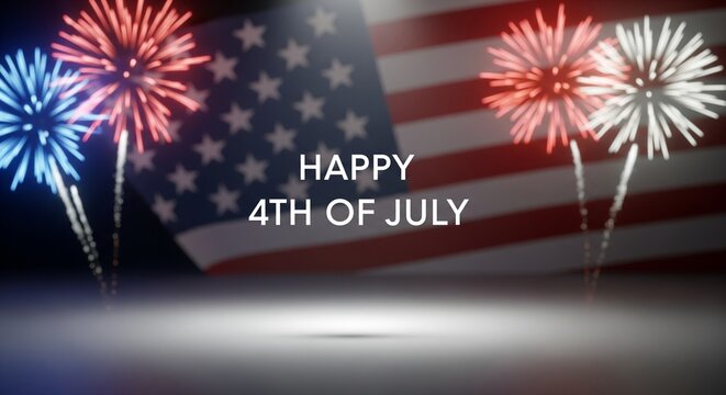 Happy 4th of July text overlay on blurred American flag background with red white and blue fireworks exploding in the night sky, festive celebration concept