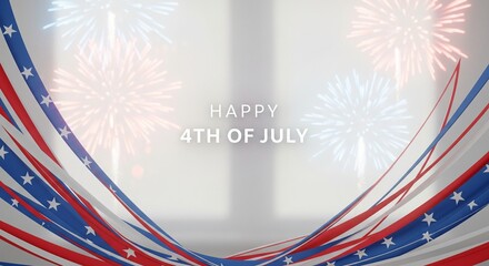 Fototapeta premium Happy 4th of July greeting with American flag ribbons and fireworks illustration, patriotic celebration background with copy space