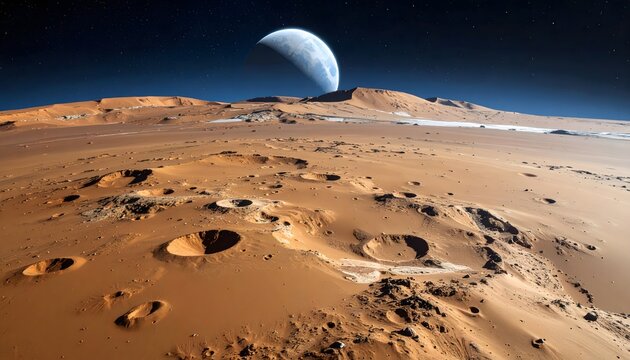 Dramatic landscape of a barren alien planet surface with craters under a glowing crescent moon and starry sky.