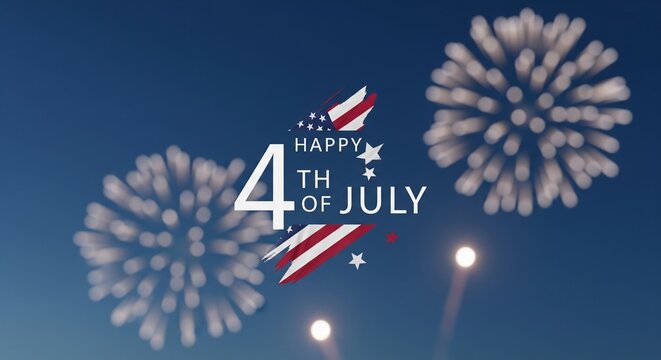 Happy Fourth of July text with American flag elements and fireworks exploding in a clear blue night sky, festive celebration graphic design