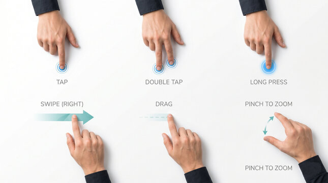 Professional gesture illustration pack showcasing tapping, swiping, dragging, zooming, and touchscreen interactions. Ideal for user manuals, onboarding screens, software tutorials, mobile applications