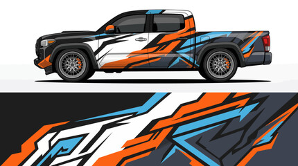 Colorful pickup truck with dynamic graphic design. © emblem