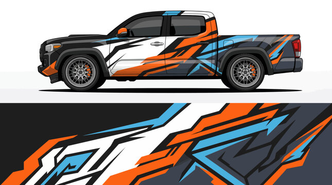 Colorful pickup truck with dynamic graphic design.