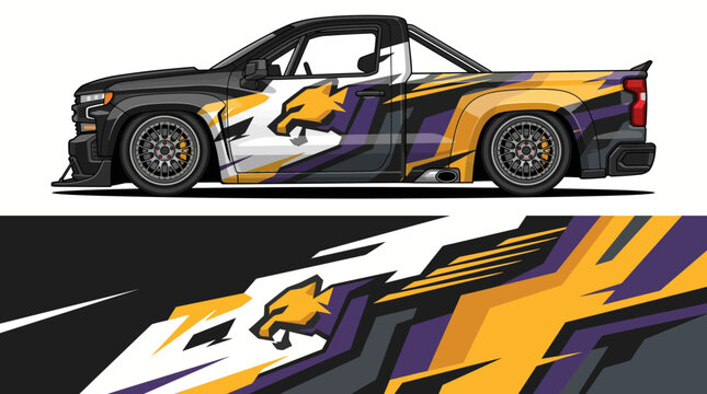 Colorful truck wrap with dynamic abstract design.