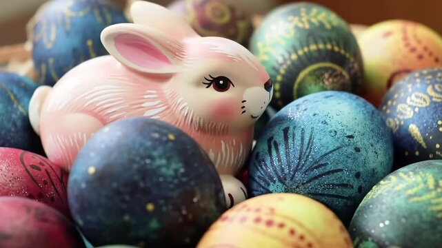 Pastel Easter Bunny Amidst Vibrant, Hand-Painted Eggs.