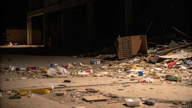Scattered Debris and Garbage Piled on Urban Ground