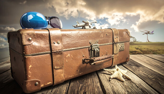 Vintage suitcase with globes and airplane model on wooden planks against a cloudy sky, travel and adventure theme