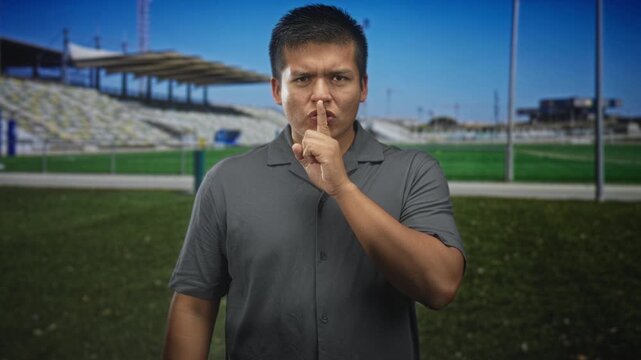 Man with finger to lips for silence standing wearing gray polo shirt at a stadium building; secrecy hush calm.
