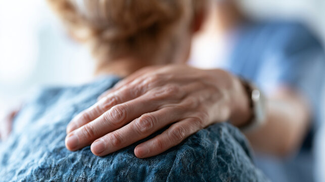 Compassionate medical nurse comforting elderly senior woman patient with gentle hand touch
