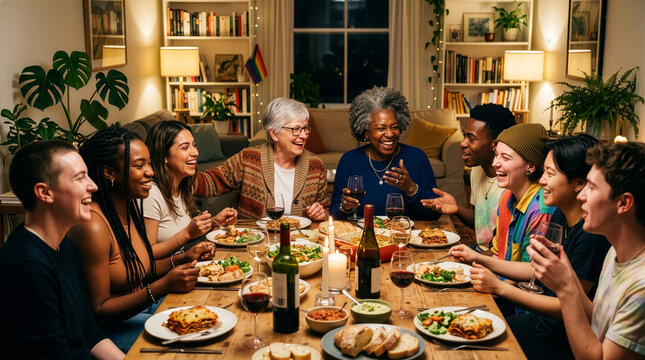 Diverse Group of Millennials and Seniors Enjoying a Communal Dinner Arrangement at a Well Stocked Library Setting